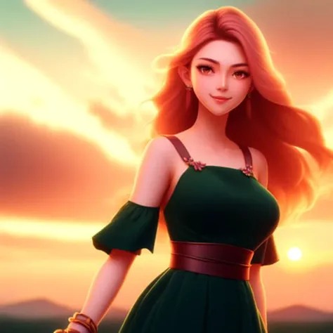 Anime, Pretty Woman in Green Dress, Sunset Horizon, looks towards the camera and smiling, studio Ghibli, anime key art by Greg Rutkowski, Bloom, dramatic lighting, bloom, medium shot, mid-shot, highly detailed, trending on Artstation, 4k, cinematic wallpaper by Stanley Artgerm Lau, WLOP (to8contrast style:1) <lora:theovercomer8sContrastFix_sd21768:0.6> <lora:johnsondesuv2-320-e1:0.6>