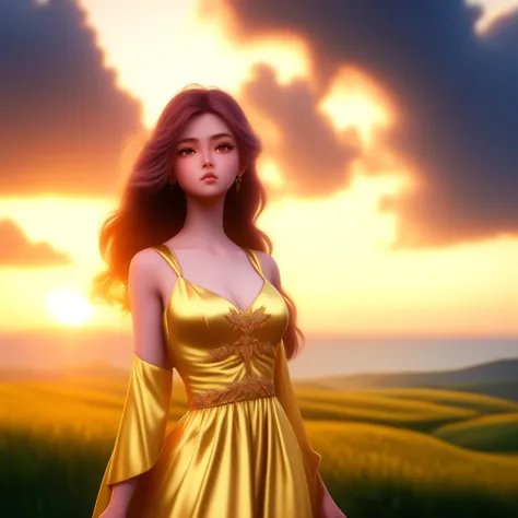 Anime, Pretty Woman in Yellow Dress, staring toward horizon, sunset in the background. High detail, 8k, ornate, dark fantasy, realistic, masterpiece, complex, wlop, film still from a directed by Denis Villeneuve, colorful, volumetric lighting, cinematic composition, beautiful lighting, hyper detailed, (to8highkey:1) <lora:to8sHighKeyLORASD21_sd21768:0.6> <lora:johnsondesuv2-320-e1:0.6>
