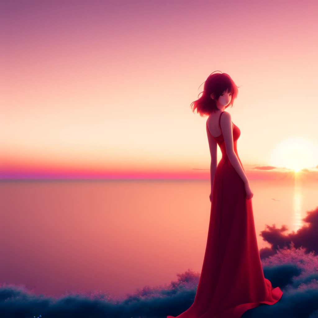 Anime, Pretty Woman in Red Dress, stares to the Sunset Horizon, anime scenery by Makoto Shinkai. 4k wallpaper, official media, beautiful, cinematic lighting, 8k, very detailed, high quality, wallpaper, award winning, trending on artstation and behance. amazing wallpaper. very beautiful. creative. incredible. (to8contrast style:1) <lora:theovercomer8sContrastFix_sd21768:0.6> <lora:johnsondesuv2-320-e1:0.6>