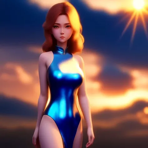 Anime, Pretty Woman in Blue Dress, Sunset Horizon, Focused, anime, manga style, 4k, detailed, high quality, smooth, sharp focus, beautiful scene, face high detail, studio lighting, digital art, trending on Artstation, elegant, intricate, 8k, award winning, WLOP, volumetric lighting, cinematic, dramatic lighting (to8contrast style:1) <lora:theovercomer8sContrastFix_sd21768:0.6> <lora:johnsondesuv2-320-e1:0.6>