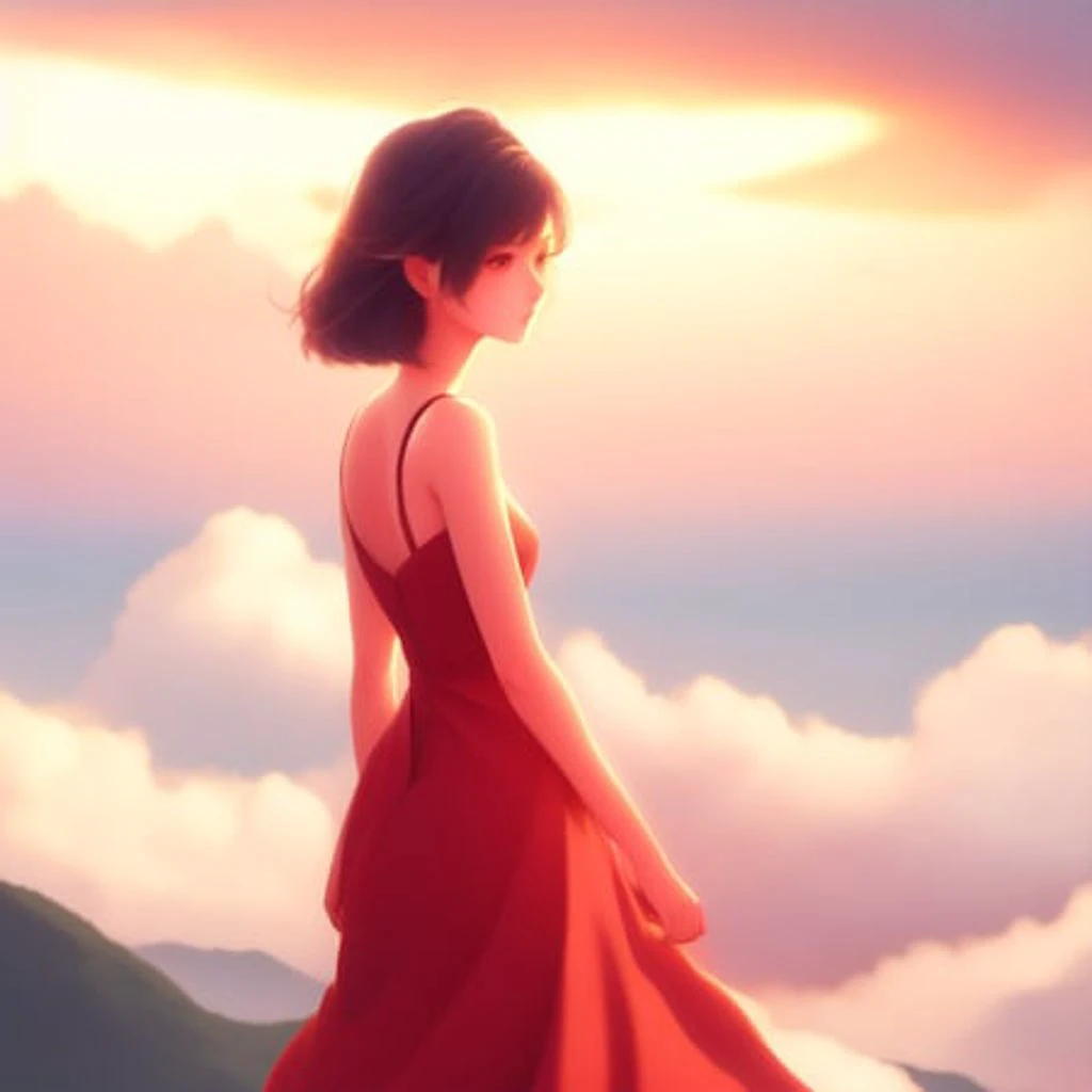 Anime, Pretty Woman in Red Dress, stares to the Sunset Horizon, anime scenery by Makoto Shinkai and Studio Ghibli. 8k, sharp high quality anime illustration in style of ghibli, artstation, concept art by WLOP, Rossdraws, James Jean, Andrei Riabovitchev, Marc Simonetti, and Sakimichan, trending (to8highkey:1) <lora:to8sHighKeyLORASD21_sd21768:0.6> <lora:johnsondesuv2-320-e1:0.6>
