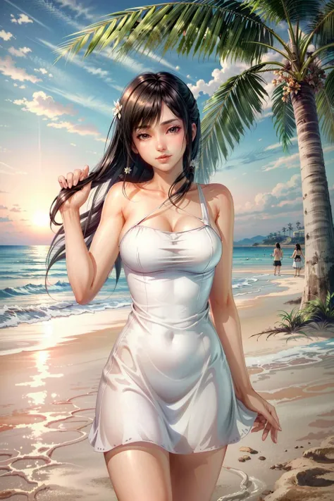 Highest quality, Super quality, 16K, Incredibly absurd, Very detailed, 2.5D, delicate and dynamic, blue sky, Calm sea, Sandy Beach, Sunset, sunset, Enoshima, , Small face, Extremely delicate facial expression, Delicate eye depiction, Extremely detailed hair, Upper body close-up, erotic, sole sexy Japanese lady, healthy shaped body, 22 years old lady, student, huge firm bouncing busts, white silver long hair, sexy long legs, Glowing Skin, Soft Skin, Sleeveless white T-shirt, brown long skirt, barefoot, Are standing, Blow a kiss to the camera