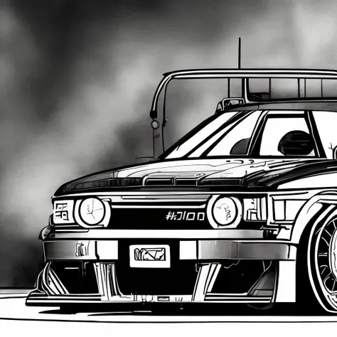 monochrome toyota chaser jzx100 drift spec bodykit, detailed work wheels, shibuya prefecture, black and white lineart