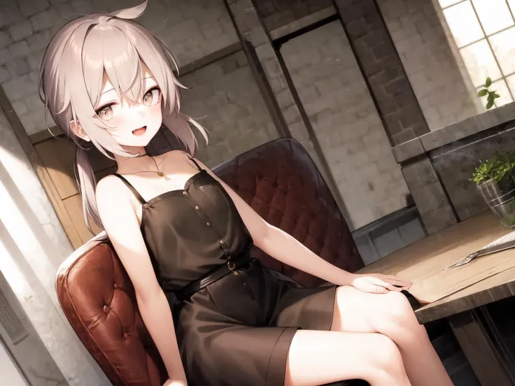 masterpiece, best quality, 1girl, solo, <lora:mtz2-000004:1>, off shoulder, little smile, sitting, indoors, sleeveless_dress, open mouth,