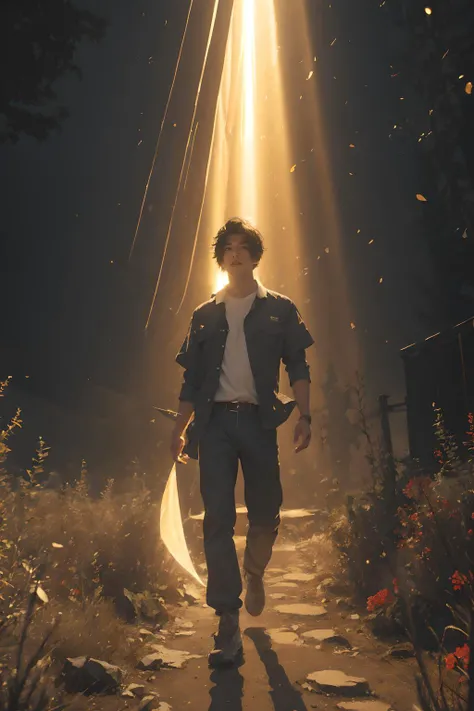 high quality,fantasy,
a handsome boy,black hair,
(red light:1.2),glowing ray,(light:1.2) from cloud,
full body,
outdoors,
<lora:meetinglightV1:0.8>,