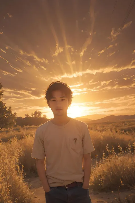 high quality, a handsome boy, light,glowing sunset,
outdoors, <lora:meetinglightV1:0.9>,