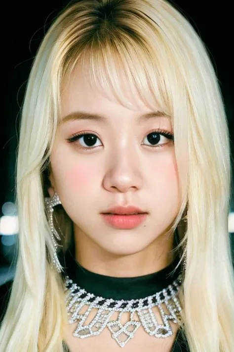 RAW photo,1girl,solo,(close up:1.2) ,portrait of chaeyo,blonde hair,black top,((detailed:1.2)),(photorealistic:0.8),photoshoot,masterpiece,best quality,natural lighting ,city background,at night, high quality, film grain,looking at viewer  <lora:chaeyoung_V1.1-000005:0.8>