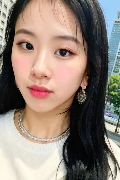 RAW photo,1girl,solo,chaeyo,black hair,sweater,earring,((detailed:1.2)),(photorealistic:0.8),photoshoot,masterpiece,best quality,sun lighting ,city background, high quality, film grain,looking at viewer <lora:chaeyoung_V1.1-000005:0.7>