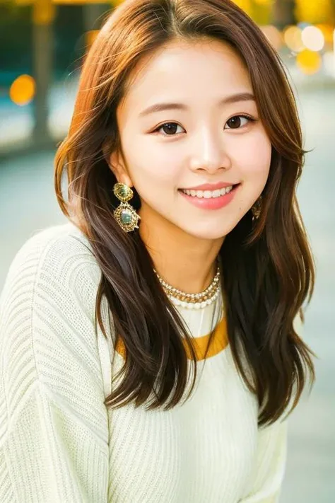 RAW photo,1girl,solo,chaeyo,brown hair,sweater,earring,((detailed:1.2)),(photorealistic:0.8),photoshoot,masterpiece,best quality,sun lighting ,city background, high quality, film grain,smile,looking at viewer <lora:chaeyoung_V1.1-000005:0.7>