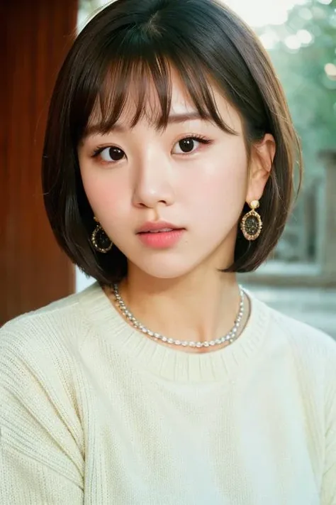 RAW photo,close up,1girl,solo,chaeyo with {bangs} hairstyle,short hair,brown hair,sweater,earring,((detailed:1.2)),(photorealistic:0.8),photoshoot,masterpiece,best quality,sun lighting ,east asian architecture background, high quality, film grain,looking at viewer <lora:chaeyoung_V1.1-000005:0.7>