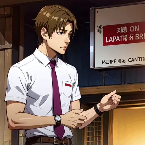 <lora:atsumu matsuyuki s1-lora-nochekaiser:0.8> atsumu matsuyuki, brown hair, (brown eyes:1.3), male focus, || shirt, school uniform, white shirt, short sleeves, necktie, collared shirt, belt, pants, red necktie, watch, wristwatch,
muscle, abs, nipples,