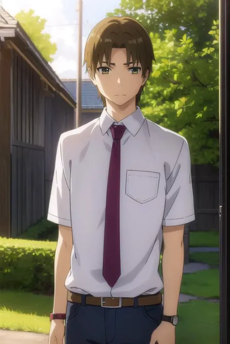 atsumumatsuyuki, <lora:atsumu matsuyuki s1-lora-nochekaiser:1>,
atsumu matsuyuki, brown hair, (brown eyes:1.3), male focus,
BREAK shirt, school uniform, white shirt, short sleeves, necktie, collared shirt, belt, pants, red necktie, watch, wristwatch,
BREAK outdoors, house, fields, grass, sky, sun, clouds,
BREAK looking at viewer, (cowboy shot:1.5),
BREAK <lyco:GoodHands-beta2:1>, (masterpiece:1.2), best quality, high resolution, unity 8k wallpaper, (illustration:0.8), (beautiful detailed eyes:1.6), extremely detailed face, perfect lighting, extremely detailed CG, (perfect hands, perfect anatomy),