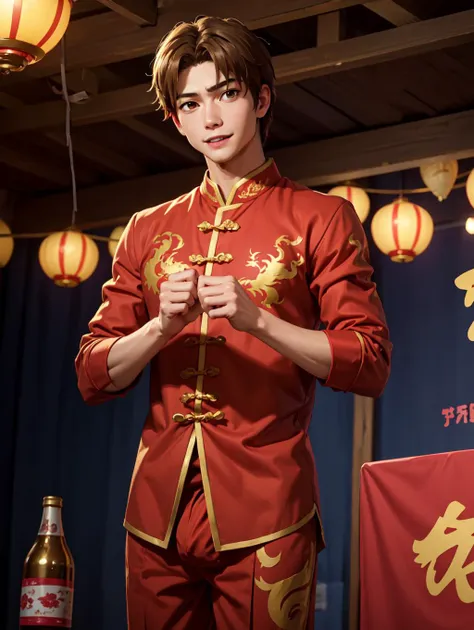 looking at viewer,  Amidst the Chinese New Year festivities of the Dragon, a (handsome young man:1.1)( dons traditional attire:1.5). His clothing reveals chiseled muscles and tattoos, with a red shirt featuring golden dragon embroidery and snug, red trousers adorned with fireworks motifs. Completing the look are golden shoes.
 he stands against a backdrop of gleaming red and gold lanterns on a stage filled with music and firecrackers. The man's tattoos, depicting dragons and Chinese symbols, underscore his cultural connection. With a radiant smile, he extends blessings for the year ahead, encapsulating the spirit of joy and community celebration. His masculine, youthful, and tender features exude warmth and charm, adding to the festive atmosphere of the occasion, 
 <lora:APL_T2_L-000009:0.8> penis , frenulum, glans, testicles
 <lora:atsumu matsuyuki s1-lora-nochekaiser:0.8> atsumu matsuyuki, brown hair, (brown eyes:1.3)
 <lora:GoodHands-beta2:0.8>, masterpiece, 4k, high quality, highres, absurdres,