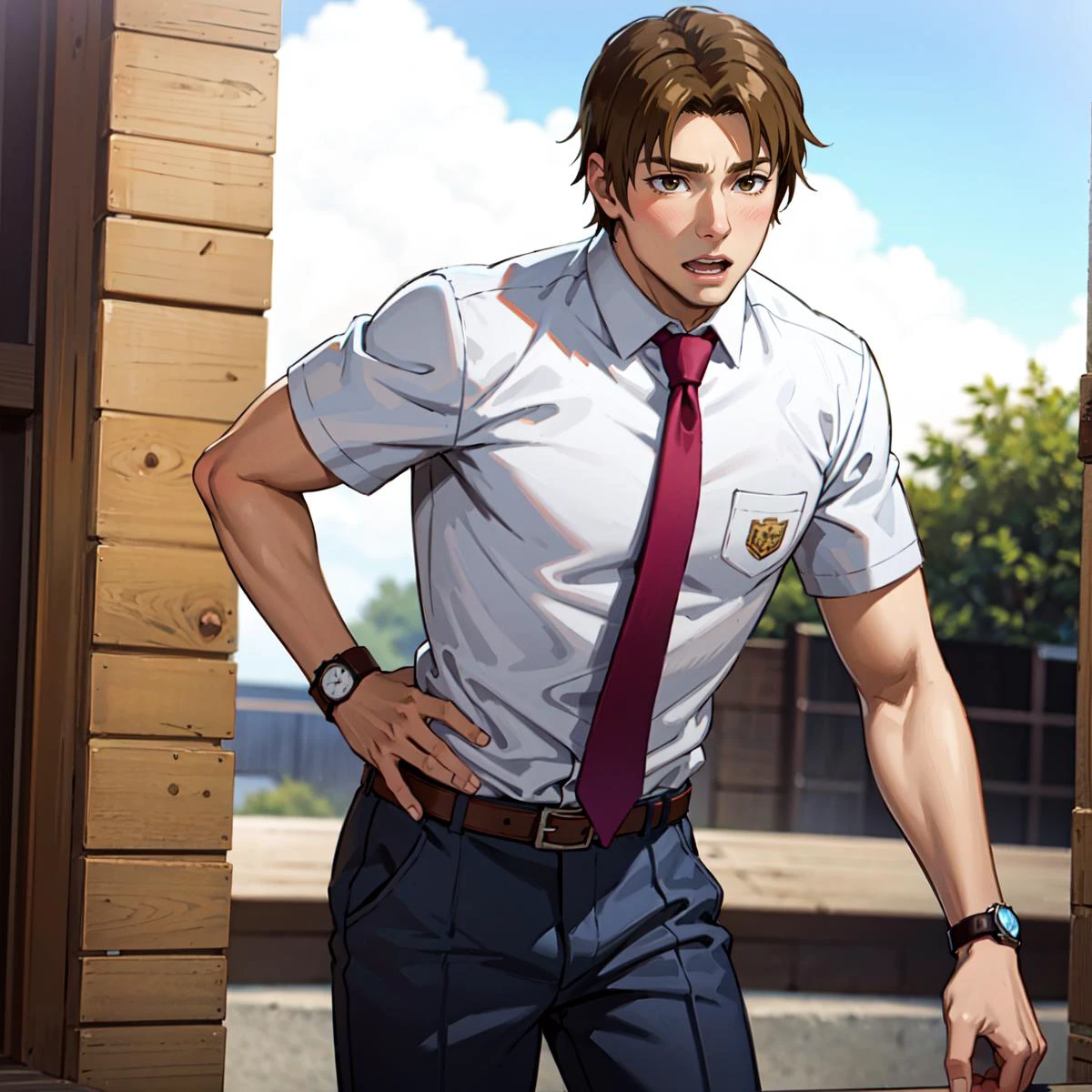 <lora:atsumu matsuyuki s1-lora-nochekaiser:0.8> atsumu matsuyuki, brown hair, (brown eyes:1.3), male focus, || school uniform, short sleeves, necktie, collared shirt, belt, pants, red necktie, watch, wristwatch,
muscle, pectorals, abs, nipples, blush, (open clothes:1.3),