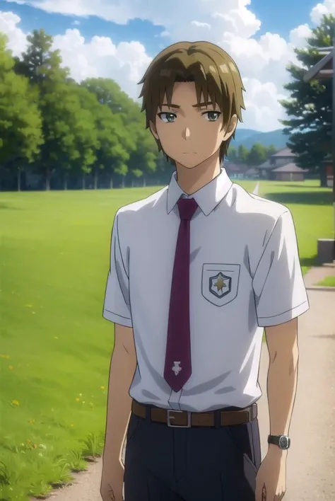 atsumumatsuyuki, <lora:atsumu matsuyuki s1-lora-nochekaiser:1>,
atsumu matsuyuki, brown hair, (brown eyes:1.3), male focus,
BREAK shirt, school uniform, white shirt, short sleeves, necktie, collared shirt, belt, pants, red necktie, watch, wristwatch,
BREAK outdoors, house, fields, grass, sky, sun, clouds,
BREAK looking at viewer, (cowboy shot:1.5),
BREAK <lyco:GoodHands-beta2:1>, (masterpiece:1.2), best quality, high resolution, unity 8k wallpaper, (illustration:0.8), (beautiful detailed eyes:1.6), extremely detailed face, perfect lighting, extremely detailed CG, (perfect hands, perfect anatomy),