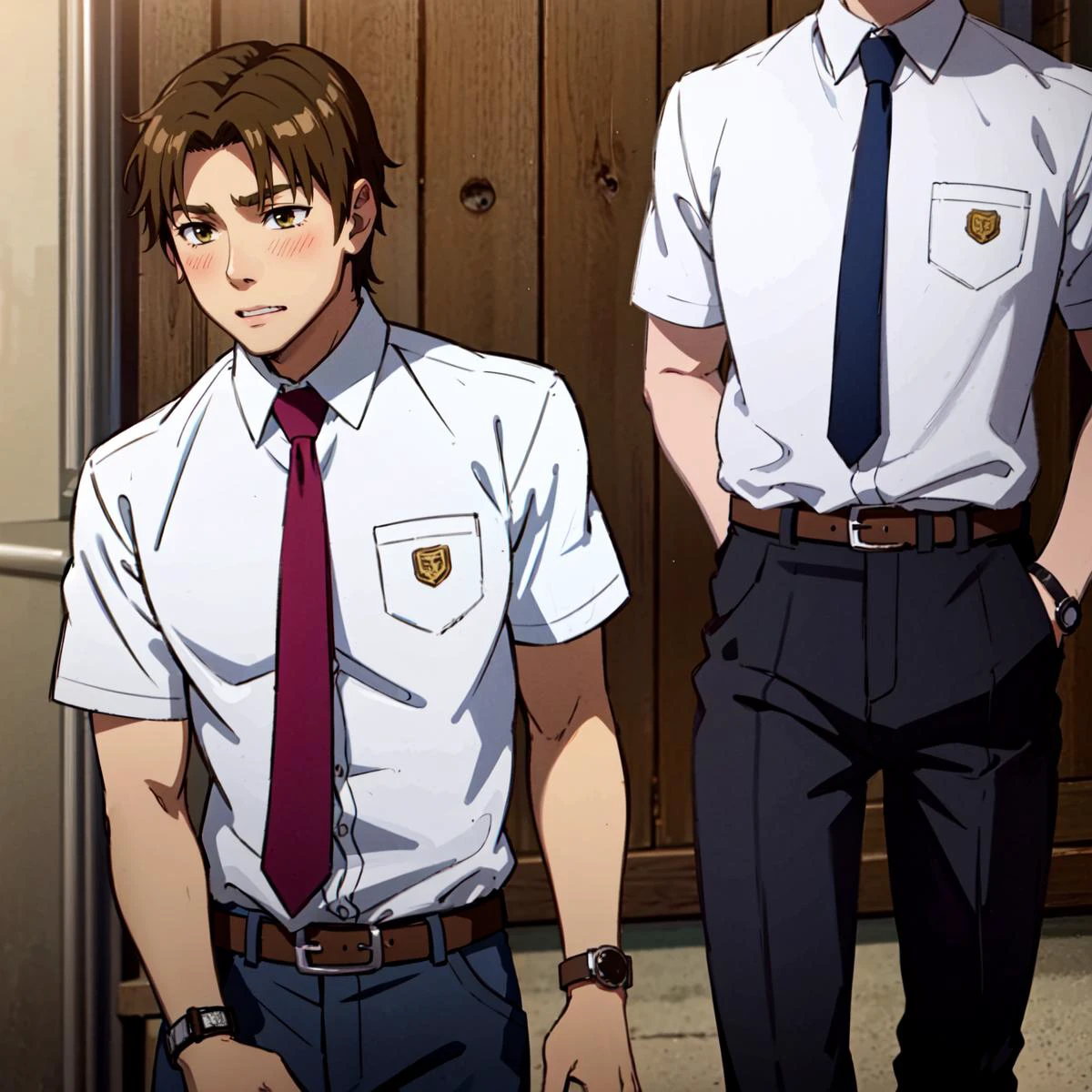 <lora:atsumu matsuyuki s1-lora-nochekaiser:0.8> atsumu matsuyuki, brown hair, (brown eyes:1.3), male focus, || shirt, school uniform, white shirt, short sleeves, necktie, collared shirt, belt, pants, red necktie, watch, wristwatch,
muscle, abs, nipples, blush, (open clothes:1.3),