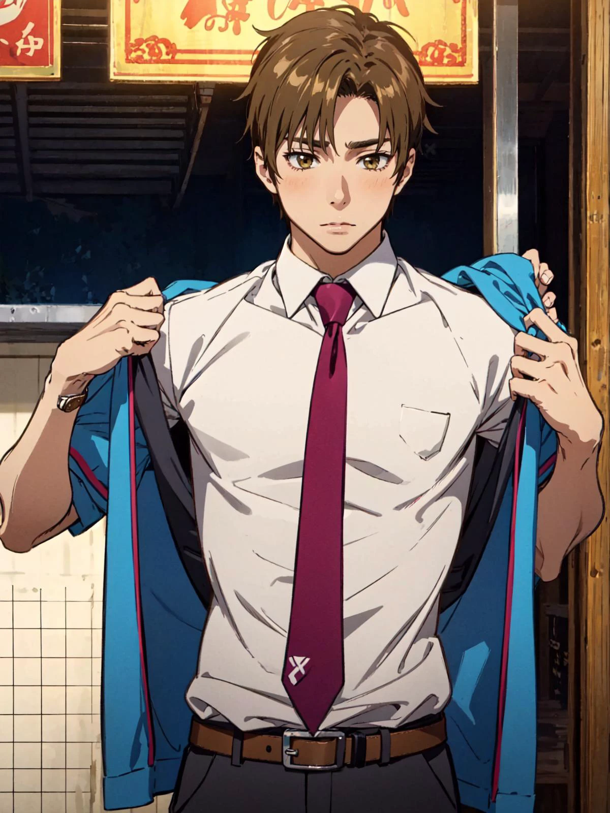 <lora:atsumu matsuyuki s1-lora-nochekaiser:0.8> atsumu matsuyuki, brown hair, (brown eyes:1.3), male focus, || school uniform, short sleeves, necktie, collared shirt, belt, pants, red necktie, watch, wristwatch,
muscle, pectorals, abs, nipples, blush, (undressing:1.5),