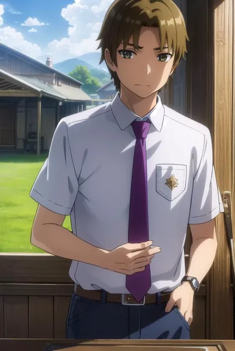 atsumumatsuyuki, <lora:atsumu matsuyuki s1-lora-nochekaiser:1>,
atsumu matsuyuki, brown hair, (brown eyes:1.3), male focus,
BREAK shirt, school uniform, white shirt, short sleeves, necktie, collared shirt, belt, pants, red necktie, watch, wristwatch,
BREAK outdoors, house, fields, grass, sky, sun, clouds,
BREAK looking at viewer, (cowboy shot:1.5),
BREAK <lyco:GoodHands-beta2:1>, (masterpiece:1.2), best quality, high resolution, unity 8k wallpaper, (illustration:0.8), (beautiful detailed eyes:1.6), extremely detailed face, perfect lighting, extremely detailed CG, (perfect hands, perfect anatomy),