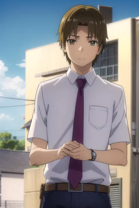 atsumumatsuyuki, <lora:atsumu matsuyuki s1-lora-nochekaiser:1>,
atsumu matsuyuki, brown hair, (brown eyes:1.3), male focus,
BREAK shirt, school uniform, white shirt, short sleeves, necktie, collared shirt, belt, pants, red necktie, watch, wristwatch,
BREAK outdoors, house, fields, grass, sky, sun, clouds,
BREAK looking at viewer, (cowboy shot:1.5),
BREAK <lyco:GoodHands-beta2:1>, (masterpiece:1.2), best quality, high resolution, unity 8k wallpaper, (illustration:0.8), (beautiful detailed eyes:1.6), extremely detailed face, perfect lighting, extremely detailed CG, (perfect hands, perfect anatomy),