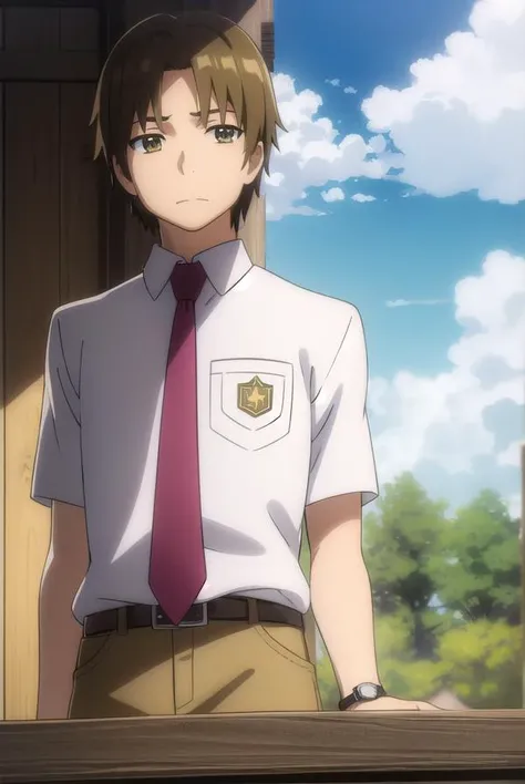 atsumumatsuyuki, <lora:atsumu matsuyuki s1-lora-nochekaiser:1>,
atsumu matsuyuki, brown hair, (brown eyes:1.3), male focus,
BREAK shirt, school uniform, white shirt, short sleeves, necktie, collared shirt, belt, pants, red necktie, watch, wristwatch,
BREAK outdoors, house, fields, grass, sky, sun, clouds,
BREAK looking at viewer, (cowboy shot:1.5),
BREAK <lyco:GoodHands-beta2:1>, (masterpiece:1.2), best quality, high resolution, unity 8k wallpaper, (illustration:0.8), (beautiful detailed eyes:1.6), extremely detailed face, perfect lighting, extremely detailed CG, (perfect hands, perfect anatomy),