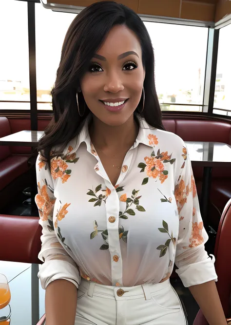<lora:BrookeT-01:1>
photo of beautiful (BrookeT), ((ultra detailed, masterpiece, best quality)), sfw, best quality, ultra high res, ultra detailed face and eyes, (photorealistic:1.4), 1girl,
BREAK:, brown eyes, see-through floral shirt, long sleeves, white shorts, platinum, large breasts, looking at viewer,smiling, happy, sitting,inside diner, booth seating, table, glass of orange juice, window, soft lighting, high quality, masterpiece,