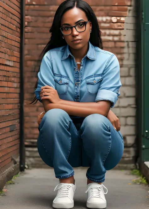 <lora:BrookeT-01:1>
photo of beautiful (BrookeT), ((ultra detailed, masterpiece, best quality)), sfw, best quality, ultra high res, ultra detailed face and eyes, (photorealistic:1.4), 1girl, brown eyes, african american skin, black hair,
BREAK:, glasses, collared shirt, jeans, sneakers, looking at viewer, serious, squatting, outside, city, alley way, high quality, masterpiece