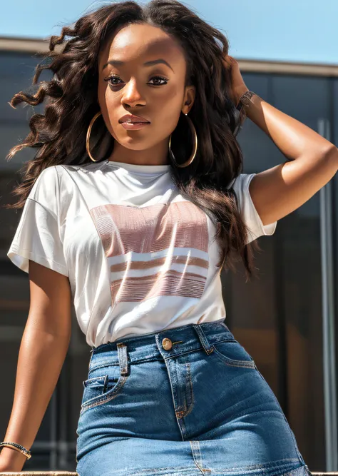 <lora:BrookeT-01:1>
photo of beautiful (BrookeT), ((ultra detailed, masterpiece, best quality)), sfw, best quality, ultra high res, ultra detailed face and eyes, (photorealistic:1.4), 1girl,Brown eyes, brown hair
BREAK, african american woman (8k, best quality, masterpiece, perfect lighting:1.3),(best quality),(full body:1), isometric,(epic fantasy background):0.1, dynamic angle, digital art,(an aggressive cute lady:1.3) (shrunken proportionally smaller to a one-tenth scale:1.4 ),(cute 24 year old girl:1.2), excited, ashamed, (blushing), (freckles:0.8), choker,(full body:1), from below, underwear, t-shirt skirt, jeans,, (extremely detailed skin), (flawless skin), (model pose), (natural light), (high quality photography), (intricate details), (8k), (HDR), (sharp focus) (Perfect Face)