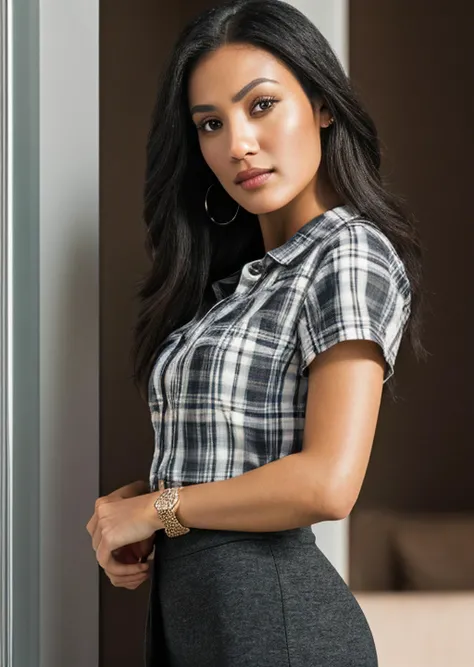 <lora:BrookeT:1>
photo of beautiful (BrookeT),((ultra detailed, masterpiece, best quality)), best quality, ultra high res, ultra detailed face and eyes, (photorealistic:1.4), 1girl, black hair, brown eyes
BREAK,  woman standing in front of a chair by window at night, black hair, breasts, brown eyes, depth of field, lips, long hair, looking at viewer, medium breasts, open shirt, photorealistic, plaid, realistic, plaid T-shirt, button up shirt, standing, leggings, yoga pants,  (extremely detailed skin), (flawless skin), (model pose), (natural light), (high quality photography), (intricate details), (8k), (HDR), (sharp focus) (Perfect Face)