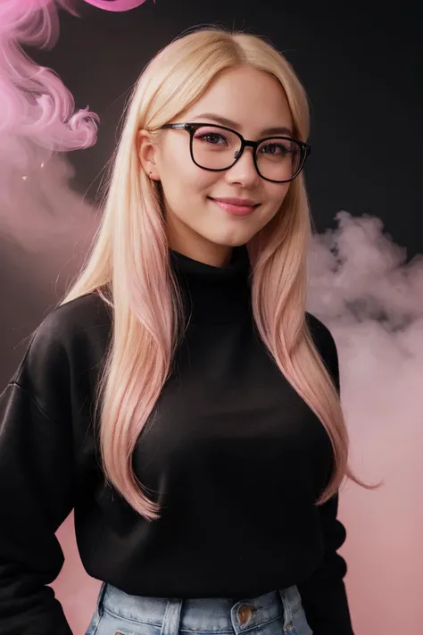 ((Black Theme, Black and Pink Backdrop:1.4)) (Close-Up Shot, Face Portrait:1.4) (Blonde:1.5) DV_Boobina_Vicious ( Glasses:1.3) wearing (Blue Jeans and a Black sweatshirt :1.3), 35mm, F/2.8, ((Photo Focus, DOF, Aperture, insanely detailed and intricate, character, hypermaximalist, elegant, ornate, beautiful, exotic, revealing, appealing, attractive, amative, hyper realistic, super detailed, heresy flares)) (smiling at viewer) (volumetric pink smoke:1.3) (pink lens flare:1.2)(sharpness:1.3)(details:1.3)