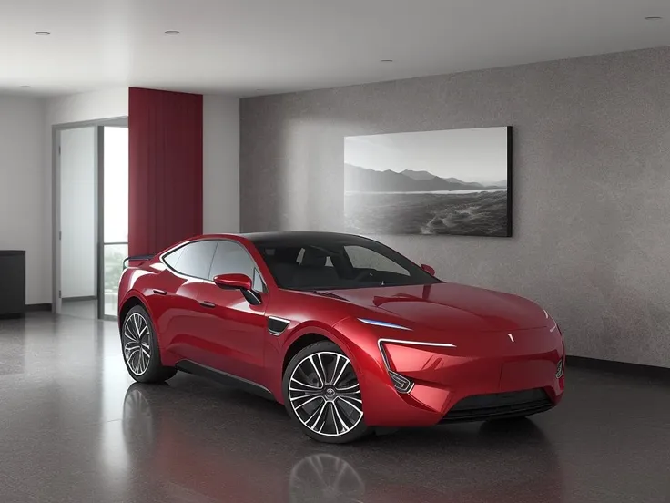 ((best quality)),((masterpiece)),((realistic)),one autohome red car(awt),indoors,modern art on the wall,luxury decoration,Studio level lighting,gray floor,3d render,a computer rendering,photorealism,<lora:autohomeAwt11_1.1:0.8>,