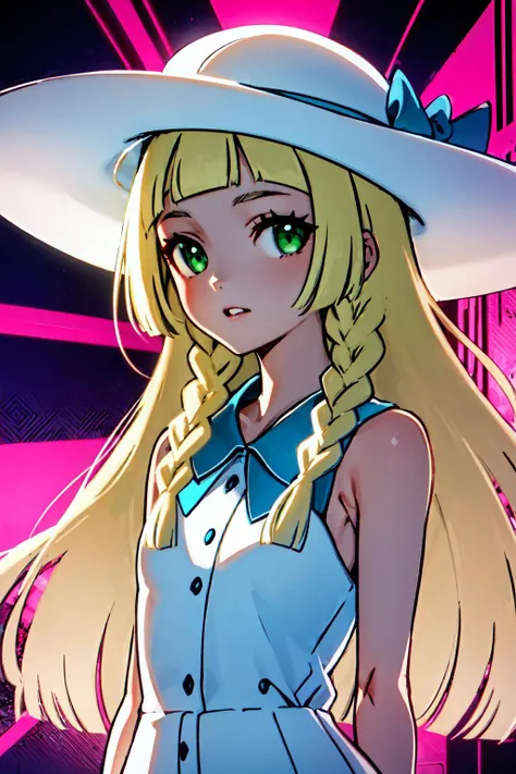 lillie, simple background, blonde hair, sleeveless, hat, dress, twin braids, white headwear, green eyes, upper body, collared dress, solo, parted lips, looking at viewer, 1girl, sleeveless dress, sun hat, long hair, white dress, braid, pink abstract background, <lora:lillie_pokemon:1>  <lora:style_YoneyamaMaiSTD:0.8>
