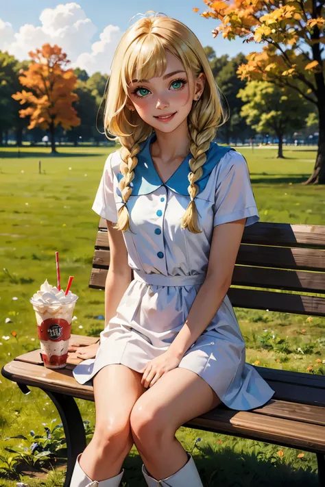 lillie,long blonde hair, twin braids, green eyes, white dress, white boots, looking at viewer, smiling, happy, sitting, on bench, holding a milkshake, park, field, autumn, overcast, extreme detail, masterpiece,  <lora:lillie by Goofy Ai:.8>