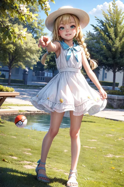 <lora:lillie by Goofy Ai:0.7>, ((lillie)),
BREAK((solo, 1girl, adorable, young female, cute girl), (full body:1.3), soft light, dynamic angle, dynamic postures, detailed shadow,)
BREAK((blonde hair, long hair, twin braids and straight long hair, green eyes):1.1, white dress, collared dress, white stockings, black sandal, sleeveless dress, sun hat, white hat),
BREAK((evil smile),(a girl throwing a Poke ball to viewer)),
BREAK(perfect(anatomy,body,face,hand,leg,foot), ((five fingers per one hand))),
BREAK(beautiful detailed girl, glossy pink lips, Milky skin, shiny skin:1.2)
BREAK(<lora:cozy animation scenes_20230824111332:0.45>, PIXIV, cozy, outdoors, garden park, detailed park, spring, day, (wide view, wide-angle lens)),
BREAK(<lora:more_details:0.5>, extremely detailed, CG, 8k Amazing, finely detail, (masterpiece:2.0, best quality), (intricate details, depth of field),),