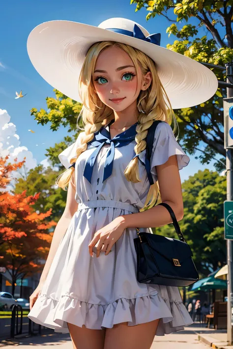 lillie,long blonde hair, twin braids, green eyes, white hat, blue ribbon, white dress, black bag, looking at viewer, serious, smiling, blush, medium shot,
standing, outside, park, trees, autumn, blue sky, extreme detail, masterpiece, <lora:lillie by Goofy Ai:.8>