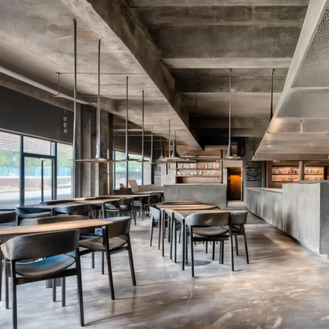 mrares,indoors,bookstore,concrete,industrial,mrares,a room with a lot of tables and chairs and a book shelf with books on it and a lot of books on the shelves,<lora:bookstore-xl:1>,
