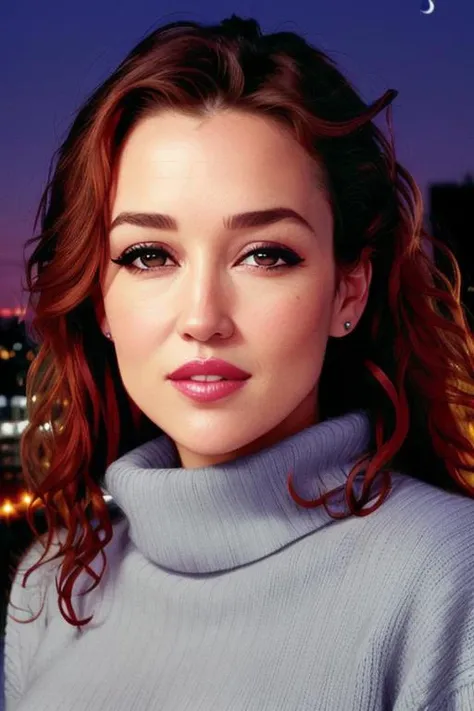 (photo of katjas-1976:0.99), a woman,((closeup, portrait):1.2), ((turtleneck sweater)),((outdoors, at night, city street)) ((lipstick, eyeliner, eye shadow)),(slight smile), ((detailed eyes, detailed face):1.3)((best quality, masterpiece):1.2), closeup