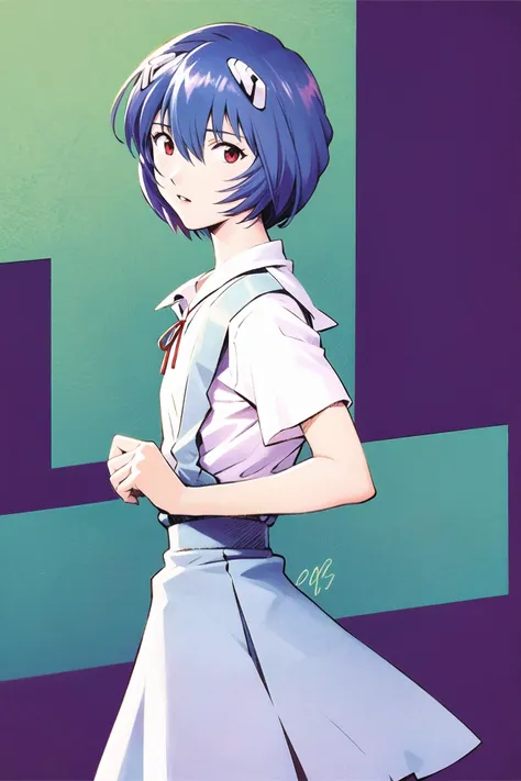 1girl, ayanami rei, solo, red eyes, short hair, school uniform, blue hair, tokyo-3 middle school uniform, signature, short sleeves, hair between eyes, suspender skirt, purple background, bangs, purple theme, shirt, cowboy shot, looking to the side, skirt, white shirt, looking at viewer, parted lips, suspenders, <lora:Sadamoto Yoshiyuki:0.8>