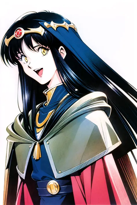 1girl, solo, black hair, long hair, smile, yellow eyes, open mouth, :d, cape, circlet, upper body, 1990s (style), white background, retro artstyle, <lora:Sadamoto Yoshiyuki:0.8>