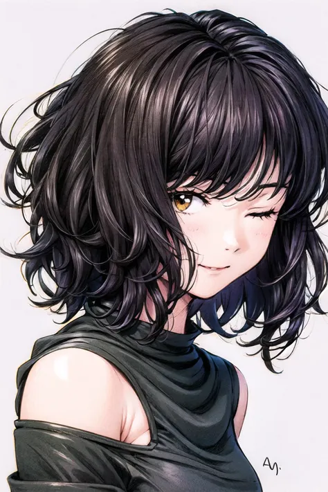 1girl, stbl20, smile, signature, black hair, curvy hair, short hair, brown eyes, upper body, closed mouth, white background, solo, simple background, looking at viewer, silhouette, <lora:Sadamoto Yoshiyuki:0.8>  <lora:StacyBloom20-08:0.8> <lora:add_detail:0.8>