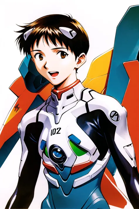 1boy, plugsuit, male focus, ikari shinji, pilot suit, interface headset, bodysuit, eva 01, mecha, smile, robot, open mouth, upper body, brown eyes, gloves, evangelion (mecha), headgear, science fiction, turtleneck, :d, teeth, bracer, bangs, brown hair, white background, solo, single horn, signature, short hair, looking to the side, upper teeth only, traditional media, black hair, blue bodysuit, simple background, <lora:Sadamoto Yoshiyuki:0.8>