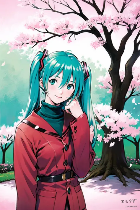 1girl,solo,hatsune_miku, school uniform, green hair,cherry blossoms, cherry hair ornament, hanami, sakura,smile,looking at viewer,, <lora:Sadamoto Yoshiyuki:0.8>