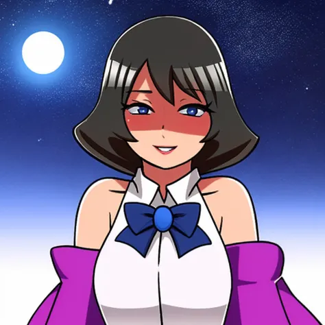 colorful, ((straight-on)), mature aged-up solo 1girl, detached sleeves, bowtie, brooch, belt, (magical girl style:0.4), (cardcaptor sakura style:0.4), short hair, seductive smile, night sky, full moon, bare shoulders, robes,
 <lyco:1716746721772387636:1.0> portrait, solo, cartoon,