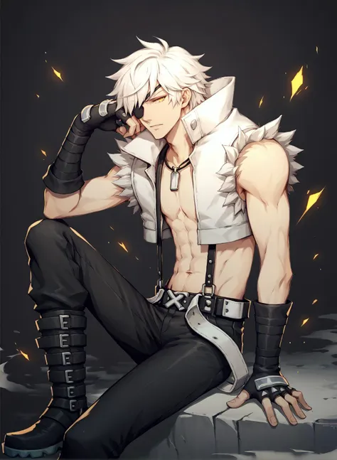 score_9, score_8_up, score_7_up, source_anime, 1boy,  solo, whitesmith-ro, open clothes, fur trimmed shirt, belt, suspenders, sleeveless, white hair, yellow eyes, eyepatch <lora:whitesmith-pdxl-dora:1>, black pants, gloves, boots, dark background