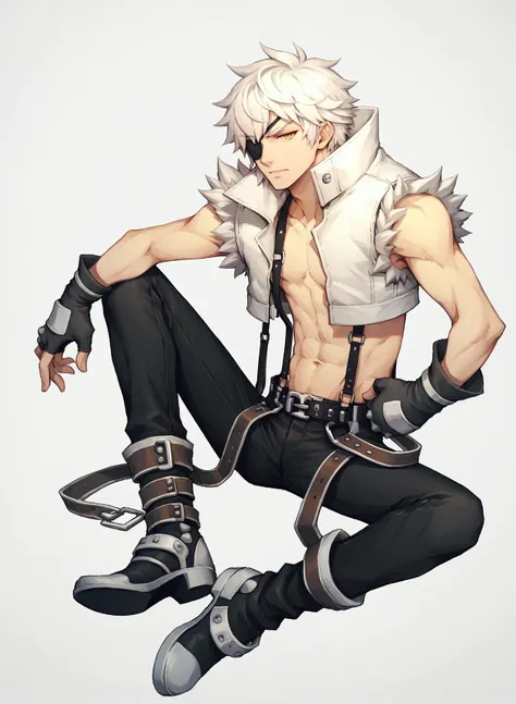 score_9, score_8_up, score_7_up, source_anime, 1boy,  solo, whitesmith-ro, open clothes, fur trimmed shirt, belt, suspenders, sleeveless, white hair, yellow eyes, eyepatch <lora:whitesmith-pdxl-dora:1>, black pants, gloves, boots,