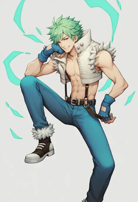 score_9, score_8_up, score_7_up, source_anime, 1boyl,  solo, whitesmith-ro, open clothes, fur trimmed shirt, belt, suspenders, sleeveless, green hair, yellow eyes,  <lora:whitesmith-pdxl-dora:1>, blue pants, shoes, gloves, smile,