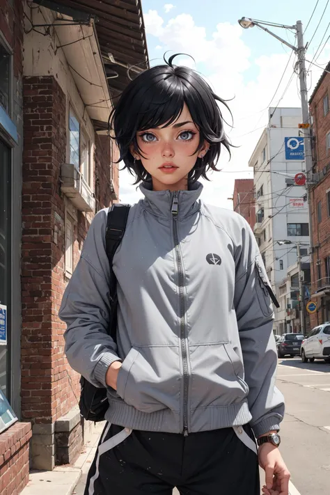 1girl, (tomboy:1.5), black hair, messy hair, grey eyes, residential area, crew neck, crew cut, unzipped jacket, piercing, 
masterpiece, best quality, <lora:breastsizeslideroffset:0.4> <lora:weight_slider_v2:0.3> <lora:age_slider_v6:1>,  <lora:skin_slider_v1:0.5>