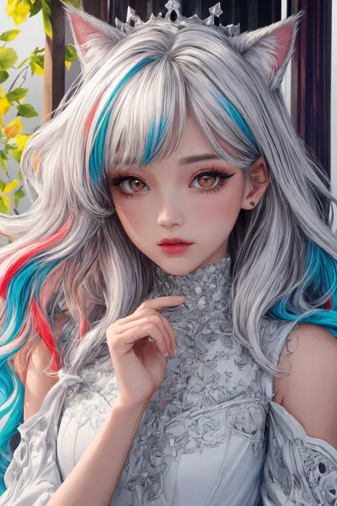 masterpiece,(best quality, ultra-detailed:1.6),(ultra high res:1.5),(colorful:1.5),1girl,petite,small breasts,makeup,cute,young,(detail face:1.1),cat ears,(white hair, long hair),crown,long_dress,in spring,upper body,look at viewer,<lora:add_detail:1>,<lora:age_slider_v20:-1>,<lora:koreanDollLikeness:0.2>,