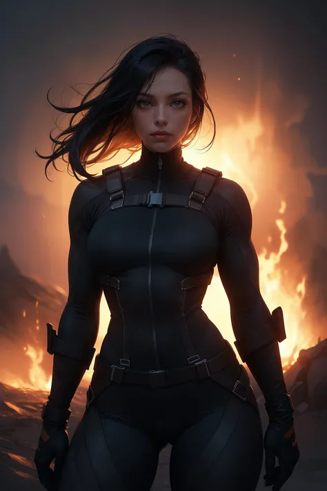 (masterpiece, best quality, detailed), a woman, soldier, muscular, slim, bodysuit, harness, dynamic pose, wasteland, fire, (dark, dimly lit, fog, volumetric lighting:1.4), <lora:add_detail:0.25>, <lora:age_slider_v6:2>