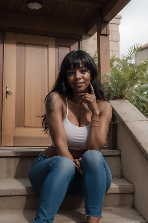 1girl, bangle, bare shoulders, black nails, body writing, bracelet, dark-skinned female, dark skin, fingernails, jewelry, lips, long hair, midriff, nail polish, pink nails, pubic tattoo, piercing, makeup, red nails, solo, tattoo, sleeveless shirt, spaghetti strap, jeans, seductive smile, long bangs, sitting, stairs, sliding doors,
masterpiece, best quality, <lora:backlight_slider_v10:-1> <lora:breastsizeslideroffset:0.5> <lora:age_slider_v6:1>