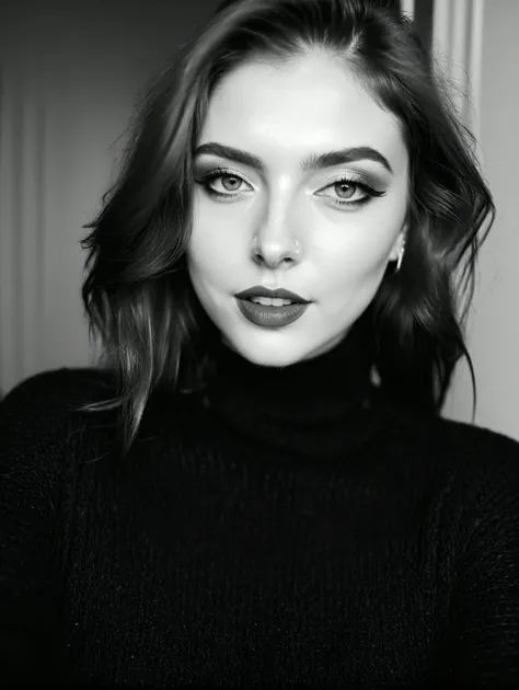 Monochrome instagram photo, closeup face photo of 23 y.o Chloe in black sweater, makeup, cleavage, pale skin, (smile:0.4), hard shadows <lora:age_slider_v6:5> . Black and white, contrast, tone, texture, detailed